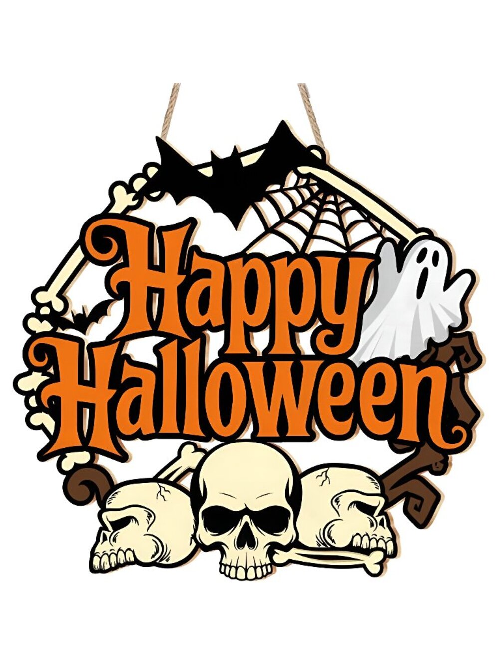 Halloween Door Wreath, Happy Halloween Sign Wooden Ghosts Skulls Bats Halloween